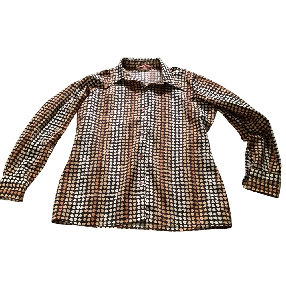Vintage 70s Nulook Brown Heart Print Button Down Shirt Pointed Collar Large